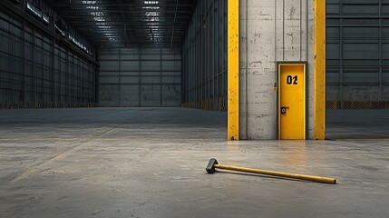 A crowbar lies on the ground next to a pried open door in the interior of an empty industrial warehouse  The scene suggests a recent forced entry