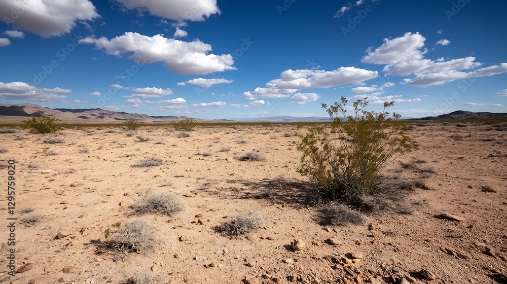 Poster lonely desert landscape with sparse vegetation and bright blue sky filled with clouds : generative a