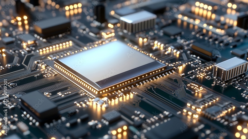 Poster Close up view of a highly detailed computer circuit board with illuminated components representing technology : Generative AI