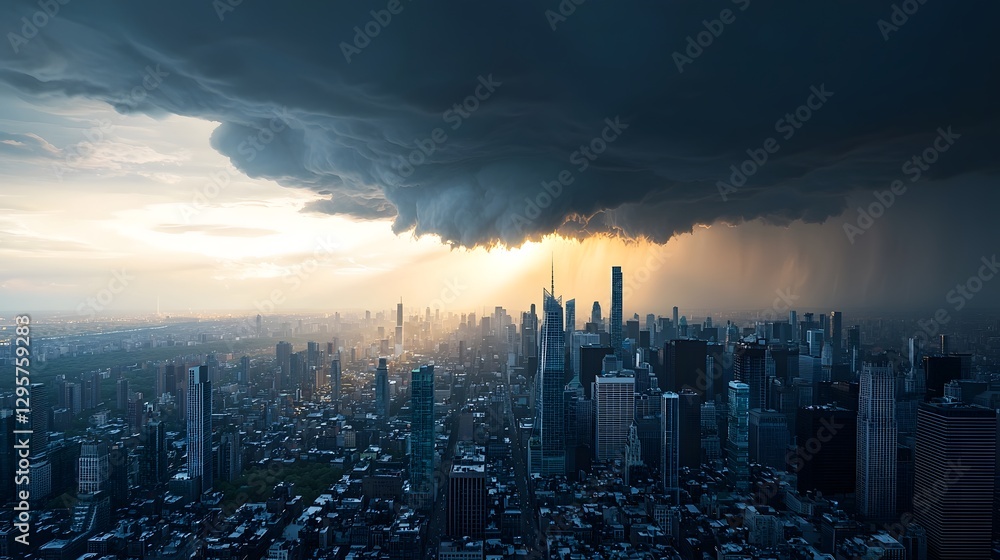 Poster a dramatic and cinematic view of a storm cloud and sunlight clashing over a sprawling cityscape crea