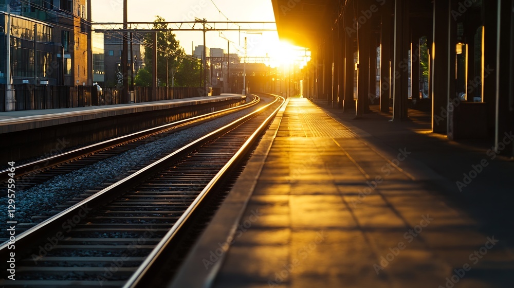 Poster golden sunset over empty train tracks with glowing light and urban background : generative ai