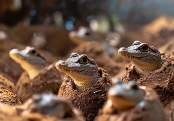 Young reptiles emerging from nests in warm sandy environment, showcasing wildlife, nature with focus on animal behavior and the cycle of life common in wetlands