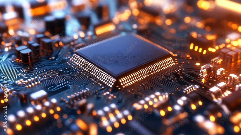 Poster close up view of high technology printed circuit board with microchips : generative ai