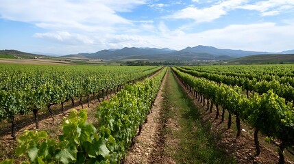 Vineyard Landscape with Rows of Grapes Against Scenic Mountain Background : Generative AI