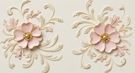 Obraz premium Elegant Pink and Gold Floral Wall Decor: 3D Embossed Design
