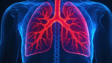 A vivid illustration of human lungs, showcasing intricate bronchial structures in a vibrant blue and red design, emphasizing respiratory function.