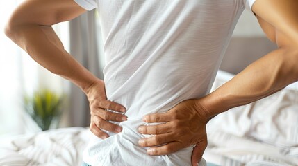 Man experiencing severe back pain at home due to kidney stones and inflammation issues