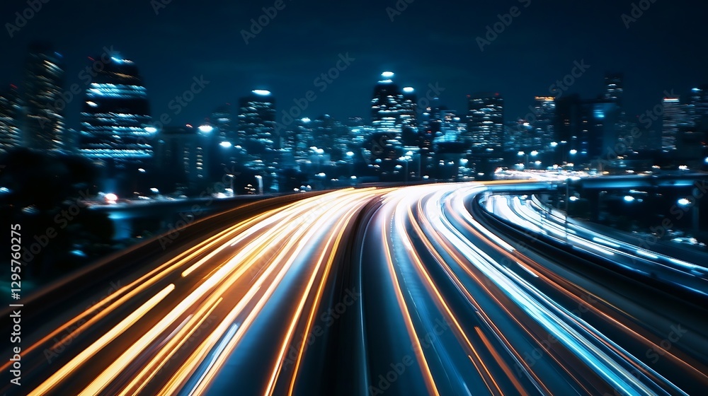 Aufkleber dynamic night cityscape with bright lights and fast moving traffic trails : generative ai