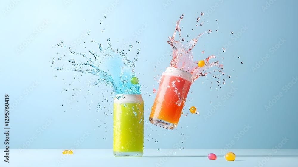Poster a dynamic and visually striking image depicting the collision of two energy drinks in mid air result