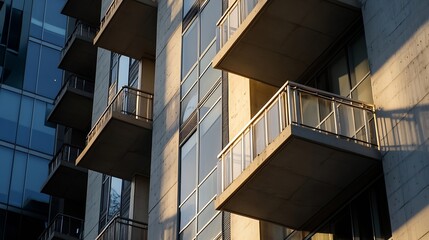 Fototapeta premium Modern architecture showcasing sunlit balcony and concrete facade in urban setting : Generative AI