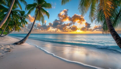Paradise Beach: The sun sets over a tropical beach with gentle waves lapping the shore, palm trees swaying gently, and a sky painted with vibrant colors.