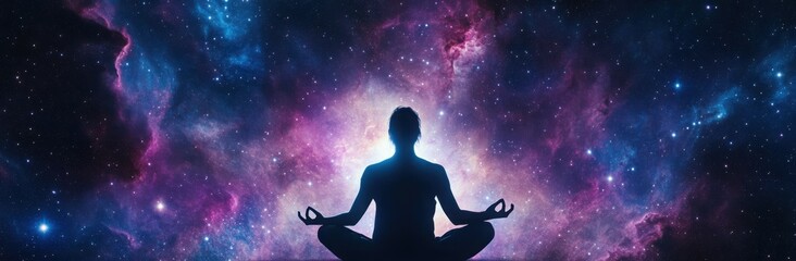Quiet meditation scene: fantasy style, nebula, star elements. The combination of fantasy elements and realistic style creates a mysterious and wonderful feeling.