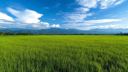 Obraz premium Vast Lush Green Rice Field Under a Bright Blue Sky with Rolling Mountains : Generative AI