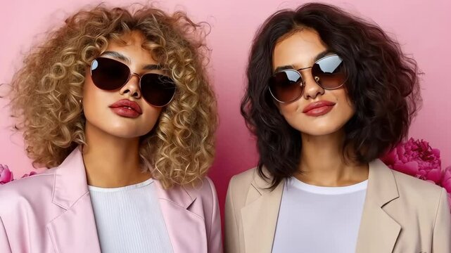 Two women wearing sunglasses and standing in front of a pink background