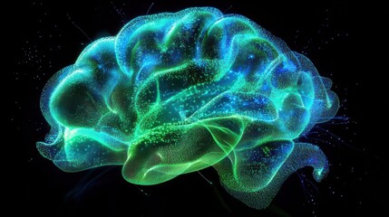 Futuristic render of a virtual brain composed of flowing data streams and digital code, glowing in neon blue and green, representing the intersection of artificial intelligence and human cognition