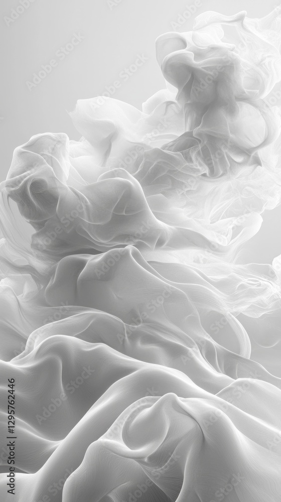 Poster Soft, billowing folds of white fabric twist and turn, creating a mesmerizing visual effect. The gentle motion captures a sense of tranquility and ethereal beauty in a minimalist setting