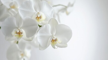 Delicate white orchids on a crisp white background, showcasing their pure elegance.