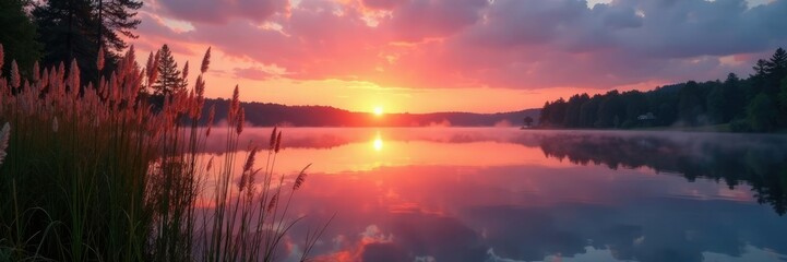 Fototapeta premium Sunset reflections on still lake with tall reeds, reed, reflection, sunset