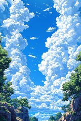 Obraz premium A blue sky with white clouds and trees in the foreground