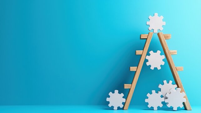 Wooden Ladder With Gears on Blue Background