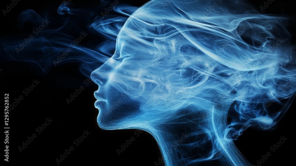 Poster a serene profile of a figure is enveloped in blue smoke, creating an enchanting visual. the ethereal