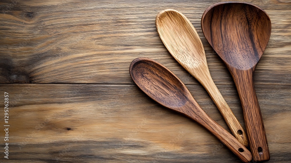 Aufkleber three elegant wooden spatulas of different sizes and shapes arranged artfully on rustic wooden backg