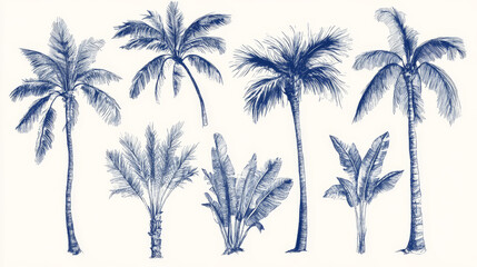Hand drawn tropical palm trees. Vector set of hawaii beach palm tree, fern and frond outline, botany flora tropical illustration