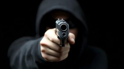 A mysterious shadowed figure wearing a black hoodie discreetly holding a gun under the dim moody lighting of an ominous cinematic scene