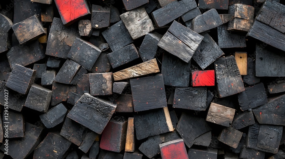 Poster A photo of a creative composition of charred burnt wooden blocks arranged in a mosaic pattern and glowing with red embers  Serves as a dark