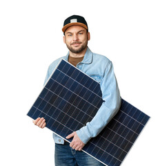 Cutout modern man in casual outfit holding solar panel in his hands and smiling.