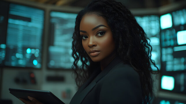 African American businesswoman in dark high tech room using tablet near big digital display with futuristic AI data visuals
