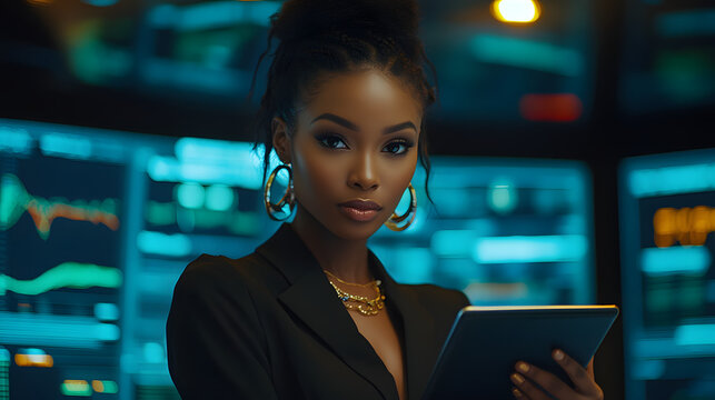 African American data analyst standing in modern monitoring center with tablet in hand and big screen showing digital metrics