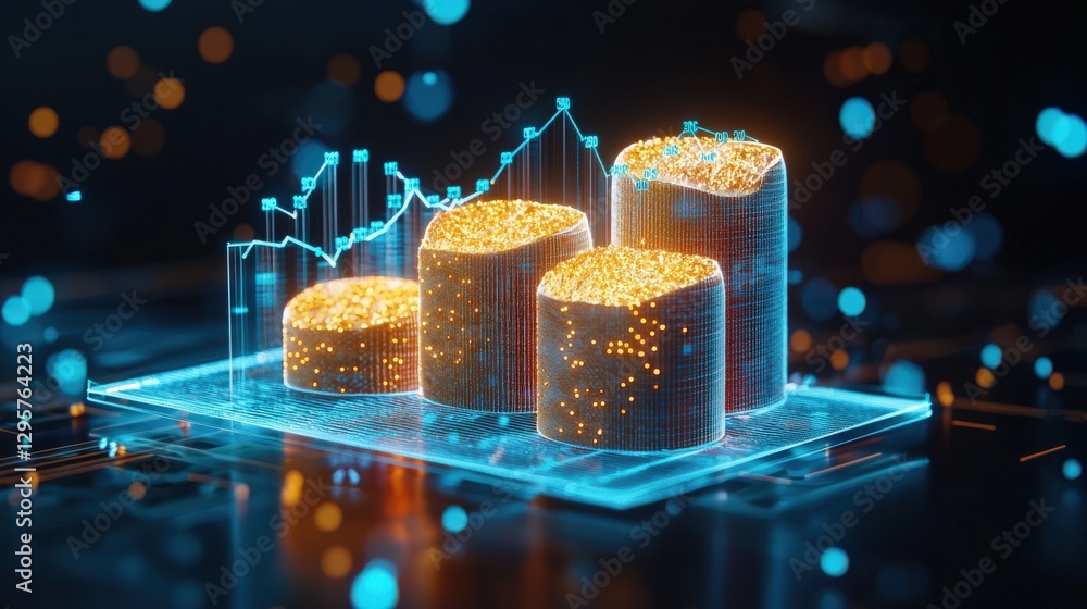 Poster visualize growth and data trends with this 3d bar chart design. featuring glowing elements, it repre