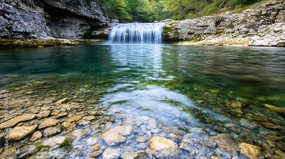 Poster picturesque waterfall cascading over smooth rocks into crystal clear pool surrounded by verdant foli