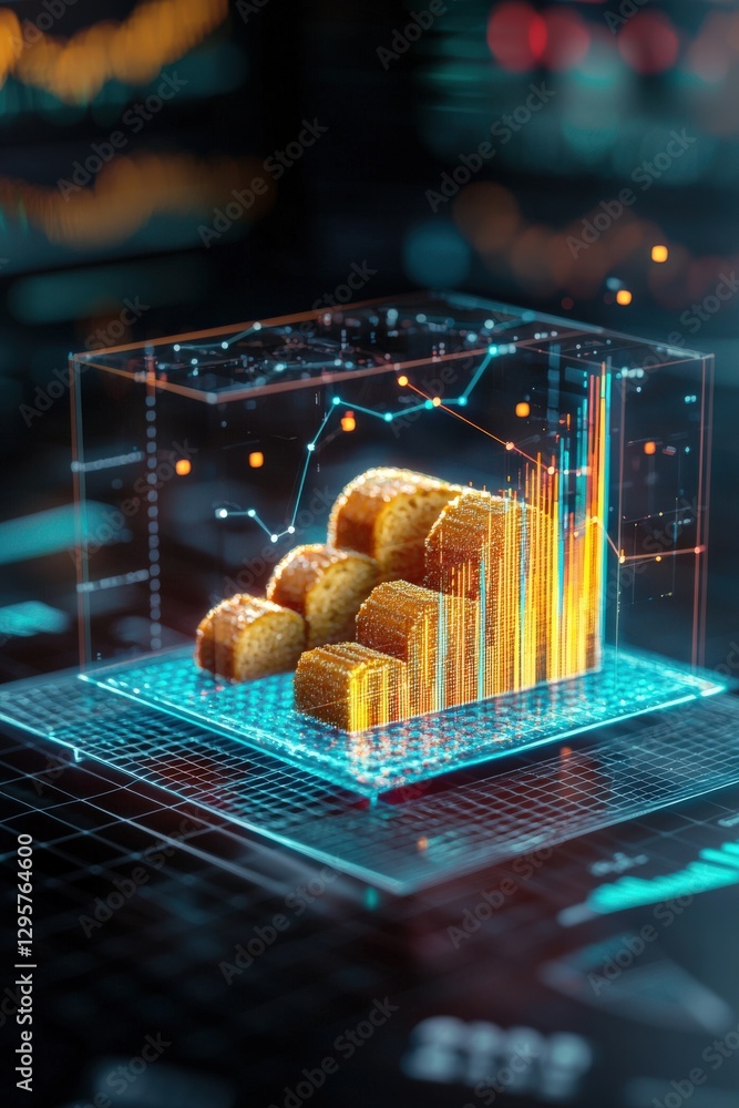 Poster high-tech visualization of financial data with a 3d graph. the design features digital elements show