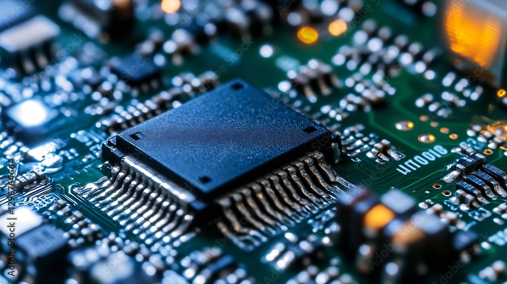 Aufkleber Close Up of Detailed Microchip on Circuit Board with Glowing Components and Technology Elements : Generative AI