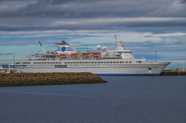 Classic expedition cruiseship cruise ship liner Delphin docked at pier in Grundafjördur, Iceland...