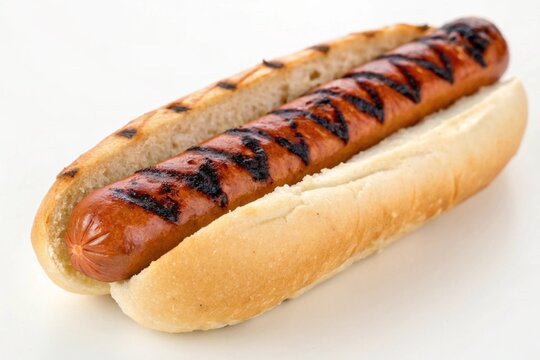 footlong hot dog with grill marks on white