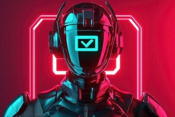 cybersecurity solution phishing monitoring  concept. Futuristic robot with glowing elements in a vibrant neon environment.