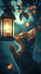 Obraz premium Curious Kitten's Candlelit Wonder: A charming kitten gazes with wide-eyed fascination at a lit lantern suspended in a softly lit, enchanting scene.