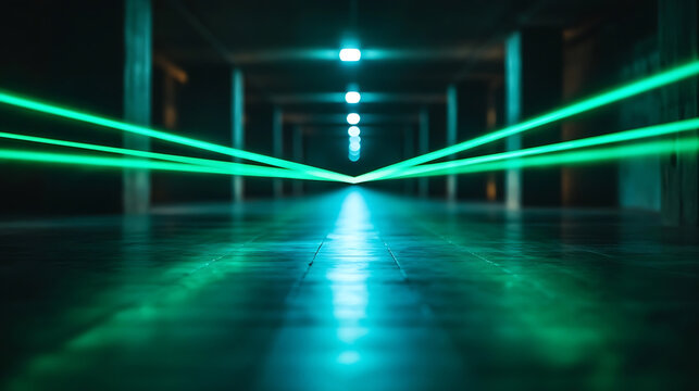 Futuristic corridor with green laser beams and glowing lights for abstract background