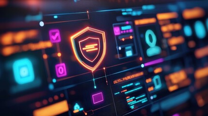 Fototapeta premium cybersecurity solution phishing monitoring concept. Digital interface showcasing cybersecurity elements with a glowing shield symbol and user data, emphasizing protection and technology.