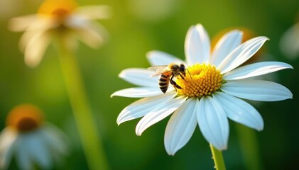 Obraz premium White echinacea flower with a small bee collecting pollen, plant, garden
