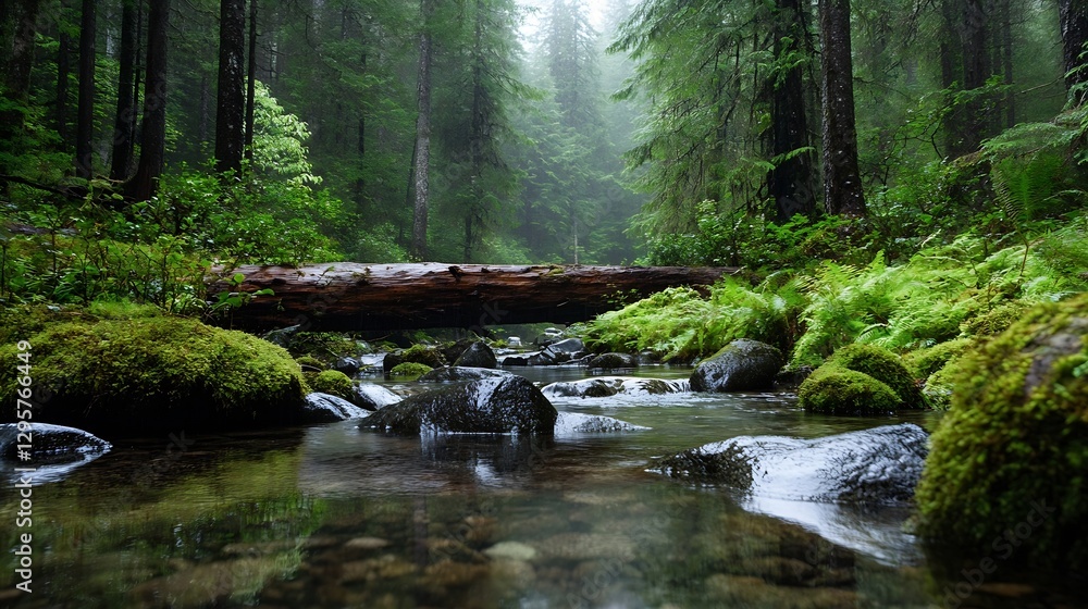 Aufkleber A serene forest scene with a small log bridge over a gently flowing stream in lush greenery : Generative AI