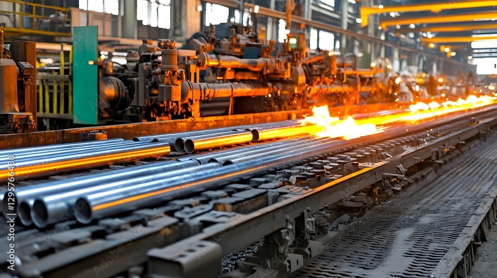 Poster a photo showcasing the continuous casting process of metal ingots cooling down on a conveyor belt in