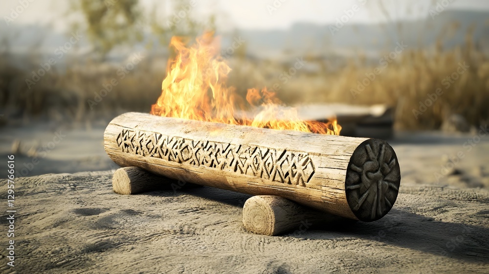 Aufkleber A photograph of a carved wooden log with intricate patterns and designs on its surface with flames rising from the log and illuminating the detailed carvings creating a warm and rustic ambiance