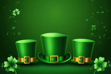 Three green hats sit on a glittering background, sparkling under bright light. A lucky charm for St. Patric Day