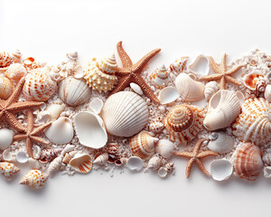 Highlighting the beauty of various shells and starfish in an artistic frame on a white background, ideal for creative use.