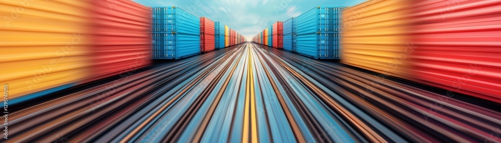 Poster a vibrant perspective of colorful shipping containers lined along railway tracks, creating a dynamic