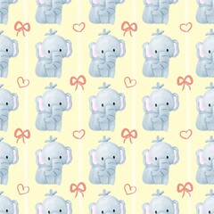 Fototapeta premium Seamless pattern cute watercolor elephant decorated with bows and hearts on background.